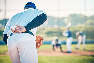 Buy stock photo Man, baseball and pitcher ready to throw ball for game, match or victory shot on grass field at pitch. Male sports player with hand behind back with mitt in preparation for sport pitching outdoors