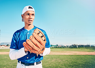 Buy stock photo Mockup, baseball and man with glove, fitness and ready for game, confident and focus outdoor. Male athlete, gentleman and player with uniform, training and playing with endurance and determination