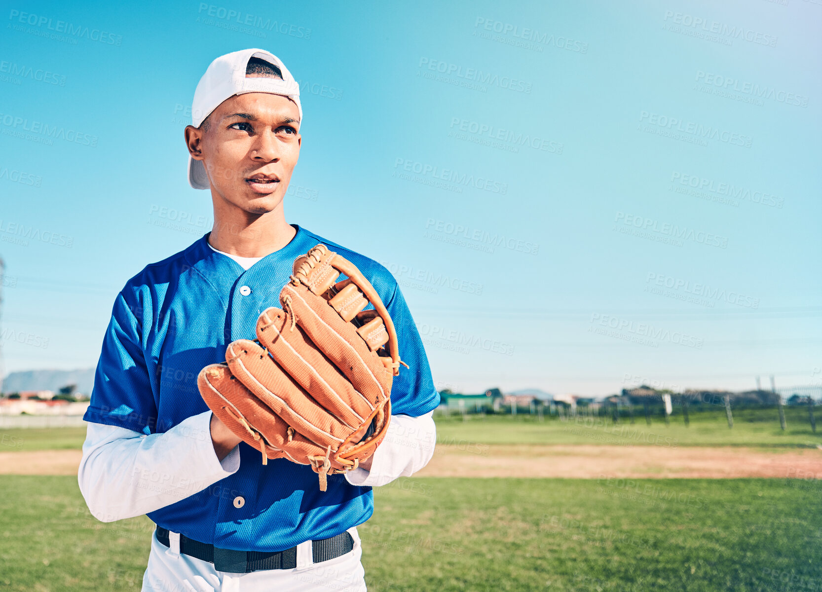 Buy stock photo Mockup, baseball and man with glove, fitness and ready for game, confident and focus outdoor. Male athlete, gentleman and player with uniform, training and playing with endurance and determination