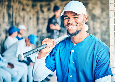 Buy stock photo Baseball team, black man portrait and smile of a player in sports dugout ready for fitness. Exercise, sport training and happiness of an athlete at a stadium for workout, game and competition