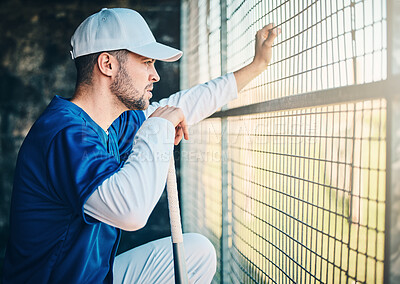 Buy stock photo Baseball, dugout and man watching game holding bat, concentration, competition and sport. Fitness, health and serious sports player waiting for turn to play in fun practice match at stadium or field.