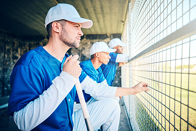 Buy stock photo Sports, fitness and baseball with man in dugout for thinking, training and planning strategy. Relax, teamwork and workout with group of people in park stadium for focus, competition match or coaching