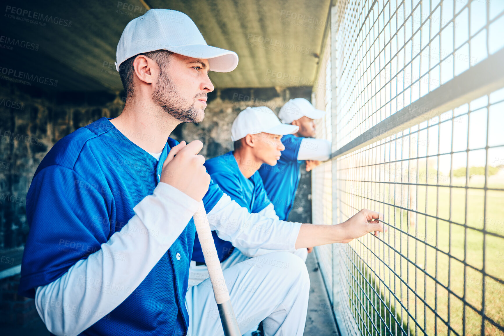 Buy stock photo Sports, fitness and baseball with man in dugout for thinking, training and planning strategy. Relax, teamwork and workout with group of people in park stadium for focus, competition match or coaching