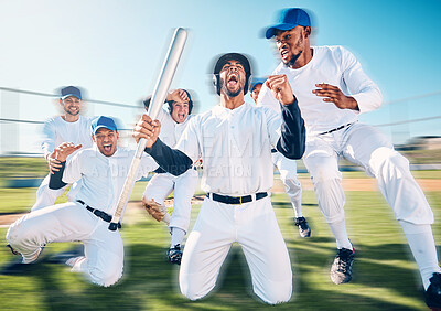 Buy stock photo Teamwork, sports and winner with baseball player on field for home run, training and strike. Fitness, happy and celebration with group of men in park stadium for achievement, friends and action