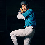 Baseball pitcher, black man and studio portrait with focus, vision and balance for sport, game and motivation. Sports, exercise and training with goals, contest or competition by dark background