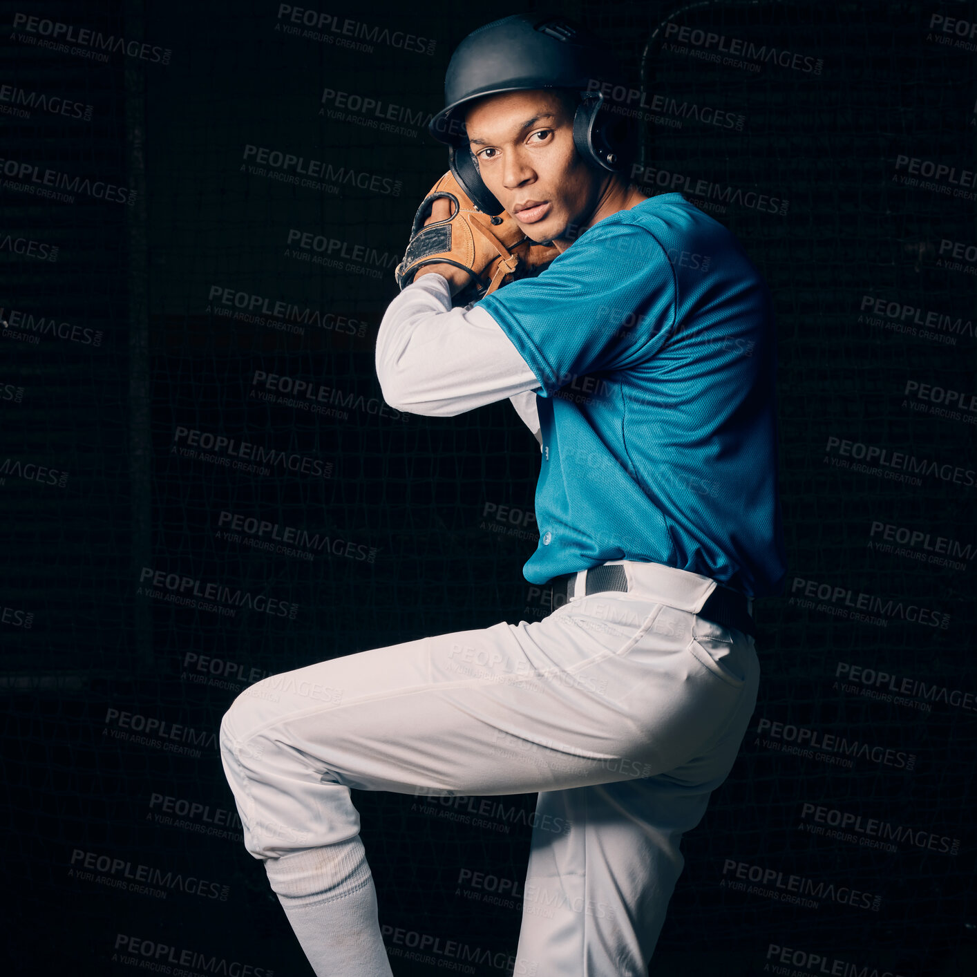 Buy stock photo Baseball pitcher, black man and studio portrait with focus, vision and balance for sport, game and motivation. Sports, exercise and training with goals, contest or competition by dark background