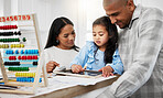 Education, couple and kindergarten girl drawing, coloring and writing together on kitchen counter. Homework, homeschool and man with woman and child teaching, learning and helping with home school.