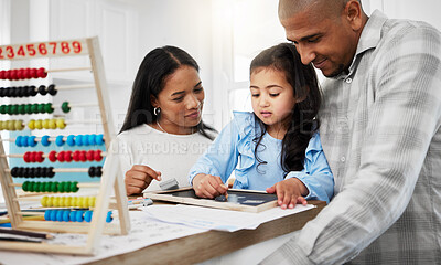 Buy stock photo Education, couple and kindergarten girl drawing, coloring and writing together on kitchen counter. Homework, homeschool and man with woman and child teaching, learning and helping with home school.