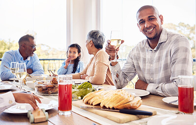 Buy stock photo Wine, portrait and man at happy family brunch, lunch or  celebration event for reunion, bond and enjoy quality time together. Love smile, happiness and group of people eating food meal at Mexico home