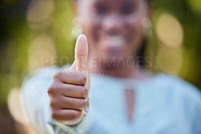 Buy stock photo Hand, closeup and thumbs up by black woman showing yes, recommendation or thank you on bokeh background. Zoom, hands and emoji sign, symbol or icon by corporate employee in agreement, support or vote