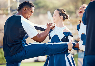 Buy stock photo Cheerleader, team sport and stretching outdoor for fitness, training and warm up workout for group. Teamwork of athlete women and men together for competition, support and motivation for cheerleading