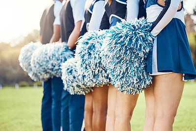 Buy stock photo Cheerleader pom poms, backs and students in cheerleading uniform on a outdoor field. Athlete group, college sport collaboration and game cheer prep ready for cheering, stunts and fan applause