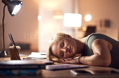Buy stock photo Sleep, night and business woman burnout from overtime work, financial budget review or office accounting report. Fatigue, finance administration and tired accountant sleeping during research project