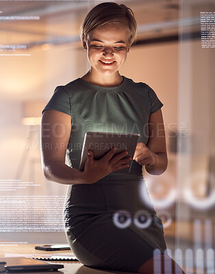 Buy stock photo Tablet, coding or abstract for business woman in night office for data analytics, chart reading or progress management. Corporate, technology or 3d infographic information for company growth strategy