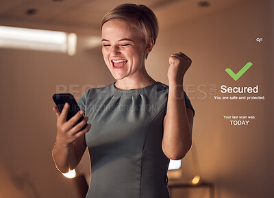 Buy stock photo Phone, cybersecurity or success business woman in night office with data protection plan, virus free or safety software app. Smile, happy or cheering fist for programmer on future technology abstract
