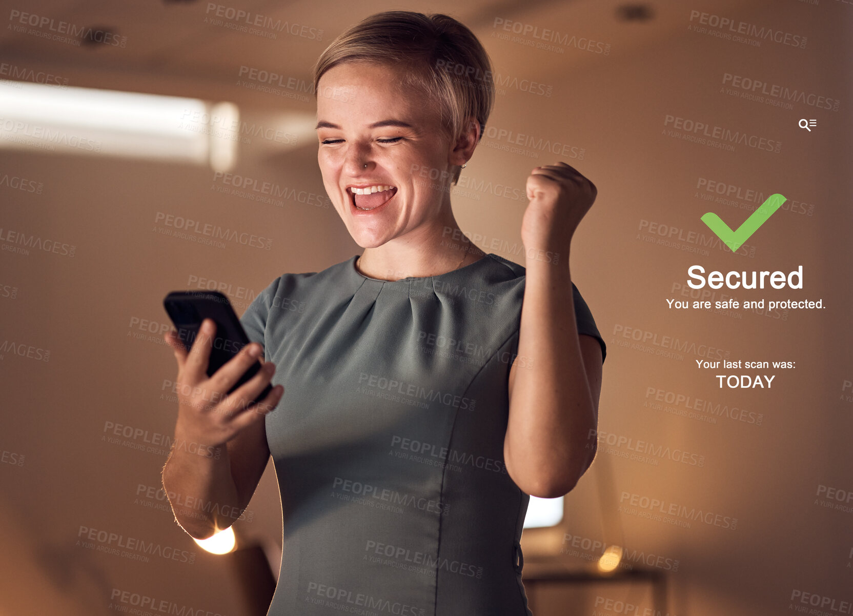 Buy stock photo Phone, cybersecurity or success business woman in night office with data protection plan, virus free or safety software app. Smile, happy or cheering fist for programmer on future technology abstract