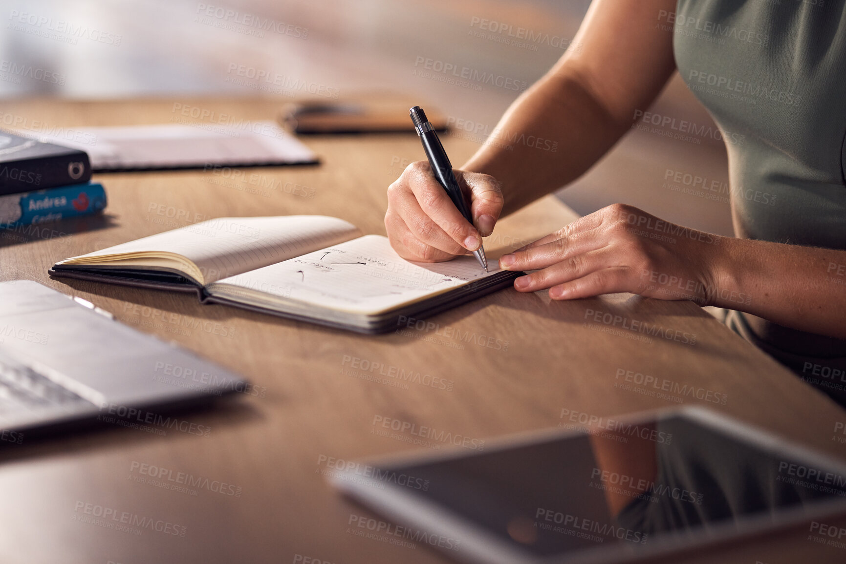Buy stock photo Business woman, hands or notebook writing in night office for company planning, schedule or ideas management. Zoom, corporate or worker with book, pen or tablet technology for evening project agenda