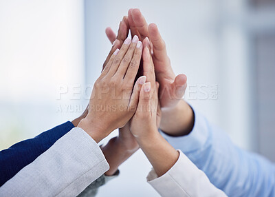 Buy stock photo Solidarity, high five and support with hands of business people in office for teamwork, celebration or motivation. Commitment, victory and success with group of friends for achievement, unity or deal