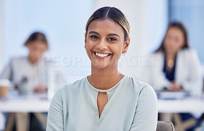 Buy stock photo Business, portrait and black woman with smile, office and confidence with leadership skills, success and promotion. Face, African American female leader and manager with happiness and achievement