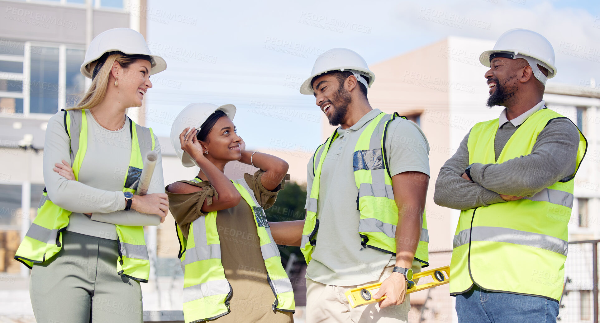 Buy stock photo Construction, talking and employees in the city as a team, laughing and speaking about building. Diversity, arms crossed and contractors working together on renovation, infrastructure and engineering