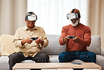 Friends, vr and senior men gaming in home on sofa in living room while laughing. 3d virtual reality, metaverse gamer and smile of happy retired people playing fun futuristic games with controller.