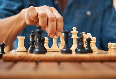 Buy stock photo Play, chess and hands with a king on a board game with a strategy in tournament in home. Checkmate, chessboard and smart man or male playing in a sports contest or problem solving challenge for mind.