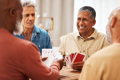 Buy stock photo Senior man, friends and playing card games on wooden table in fun activity, social bonding or gathering. Group of elderly men having fun with cards for poker game enjoying play time together at home