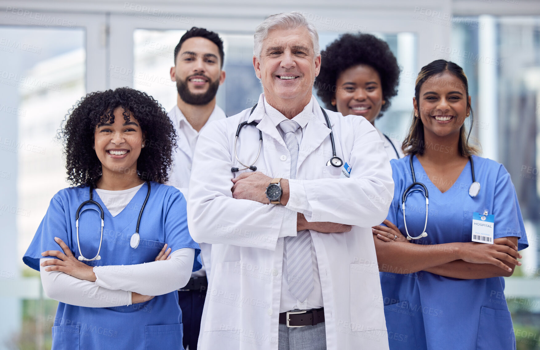 Buy stock photo Doctors, nurses and arms crossed portrait in diversity hospital, about us or leadership in people trust, community or support. Smile, happy and confident healthcare workers in teamwork collaboration