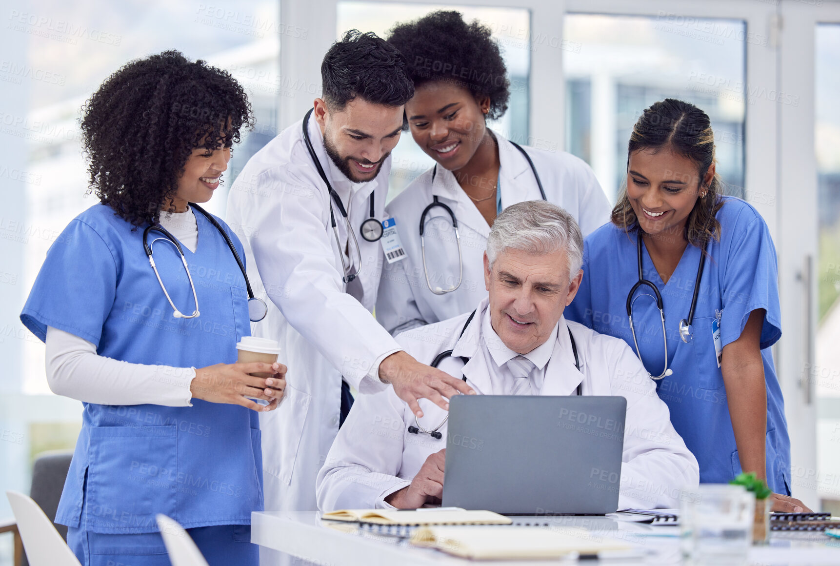 Buy stock photo Healthcare, talking and doctors with laptop for analysis, learning and advice on results. Teamwork, meeting and group of clinic workers speaking about cardiology, research and information on medicine