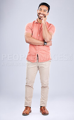 Buy stock photo Happy, handsome and portrait of Asian man with a smile isolated on a grey studio background. Relax, young and confident Japanese person standing with confidence, happiness and attractive on backdrop