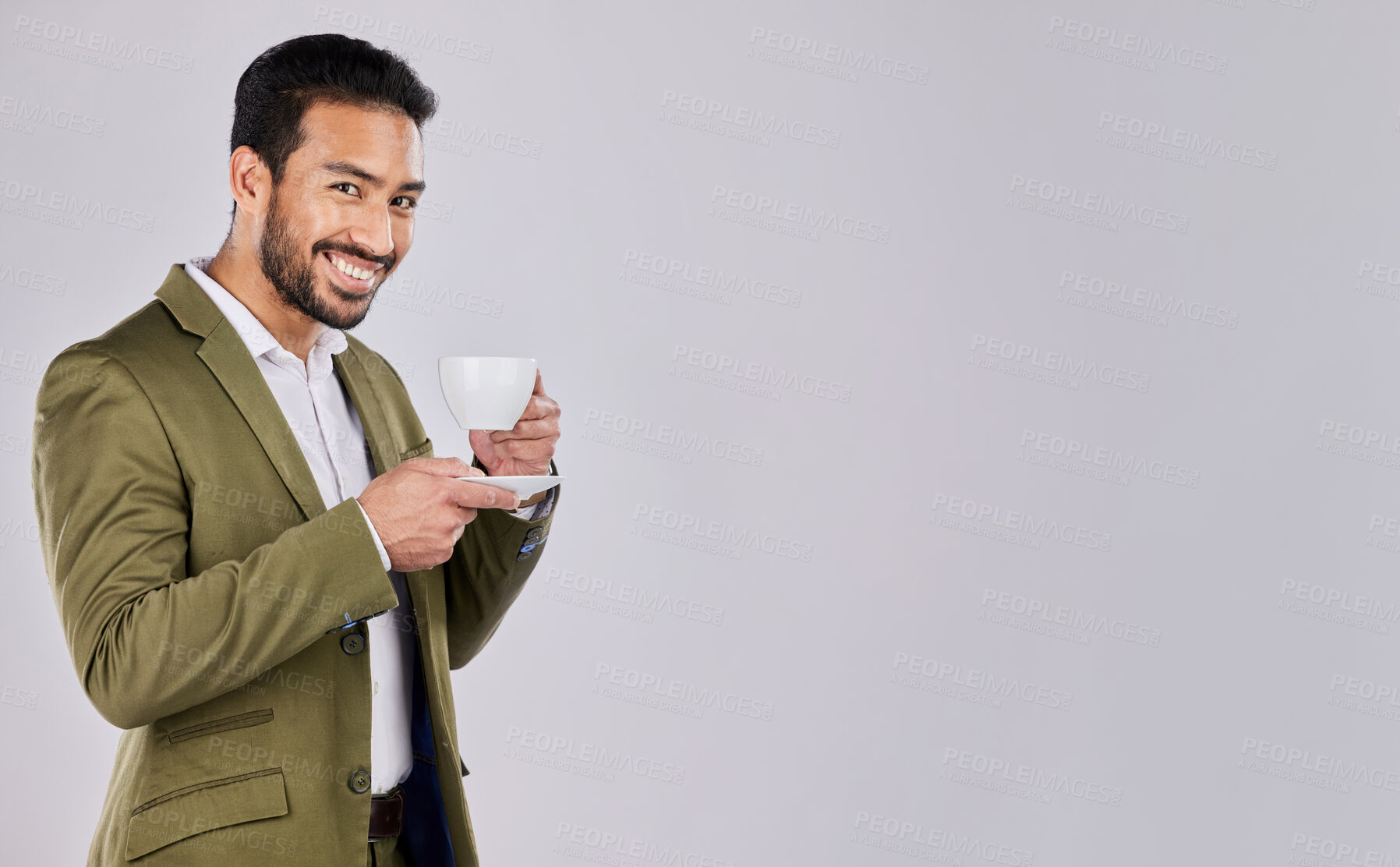 Buy stock photo Coffee, smile and portrait of man with mockup space for product placement, advertising and marketing. Happiness, studio and happy male with latte, cappuccino and beverage in cup on white background