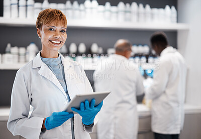 Buy stock photo Medical science, tablet and portrait of woman in laboratory for research, results or data analysis. Smile of scientist person technology mobile app for internet, innovation and development for future