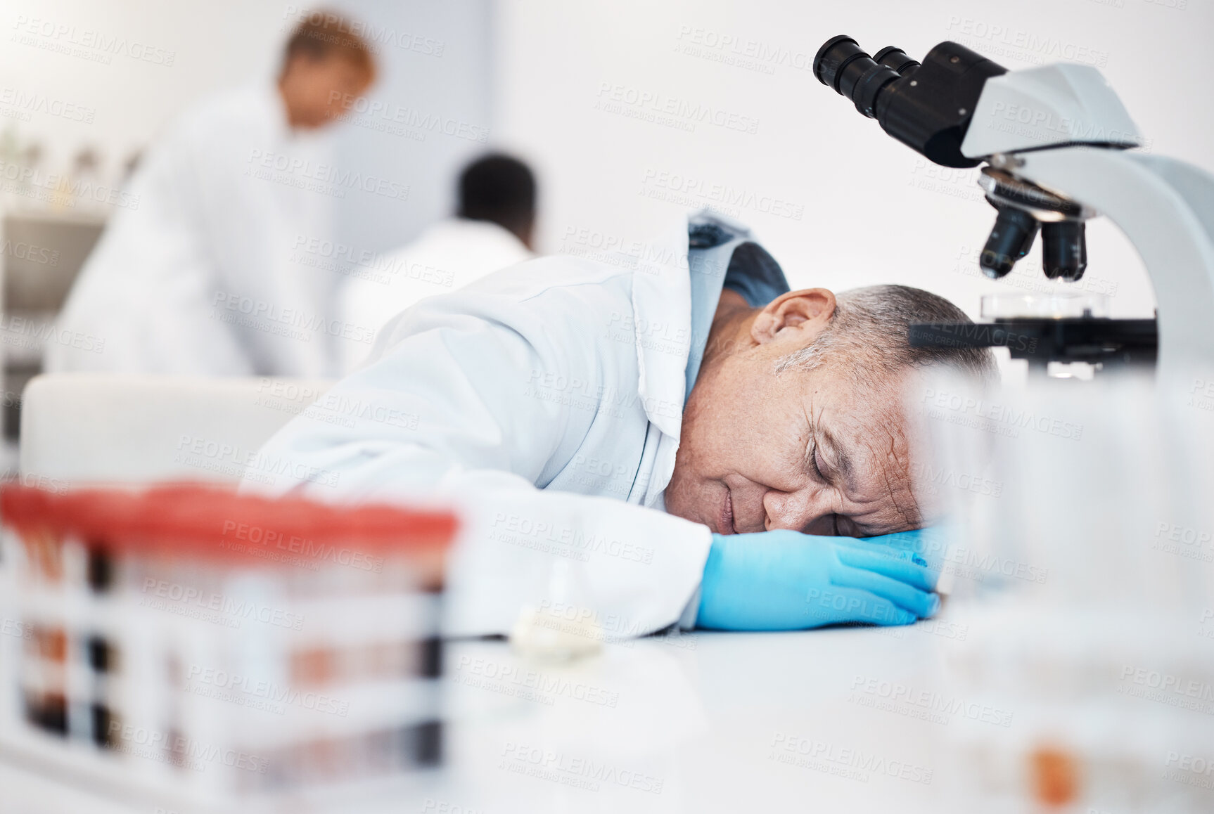 Buy stock photo Scientist sleeping, tired and overwork with man and burnout with insomnia from overtime. Medical research, scientific stress and senior male in science, fatigue and overwhelmed in laboratory