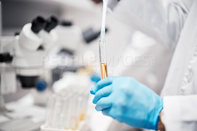 Buy stock photo Hands, science and tube for research in lab with liquid, medicine or pharma product with gloves for safety. Innovation, scientist and chemistry in laboratory for study, pharmaceutical trial or goal