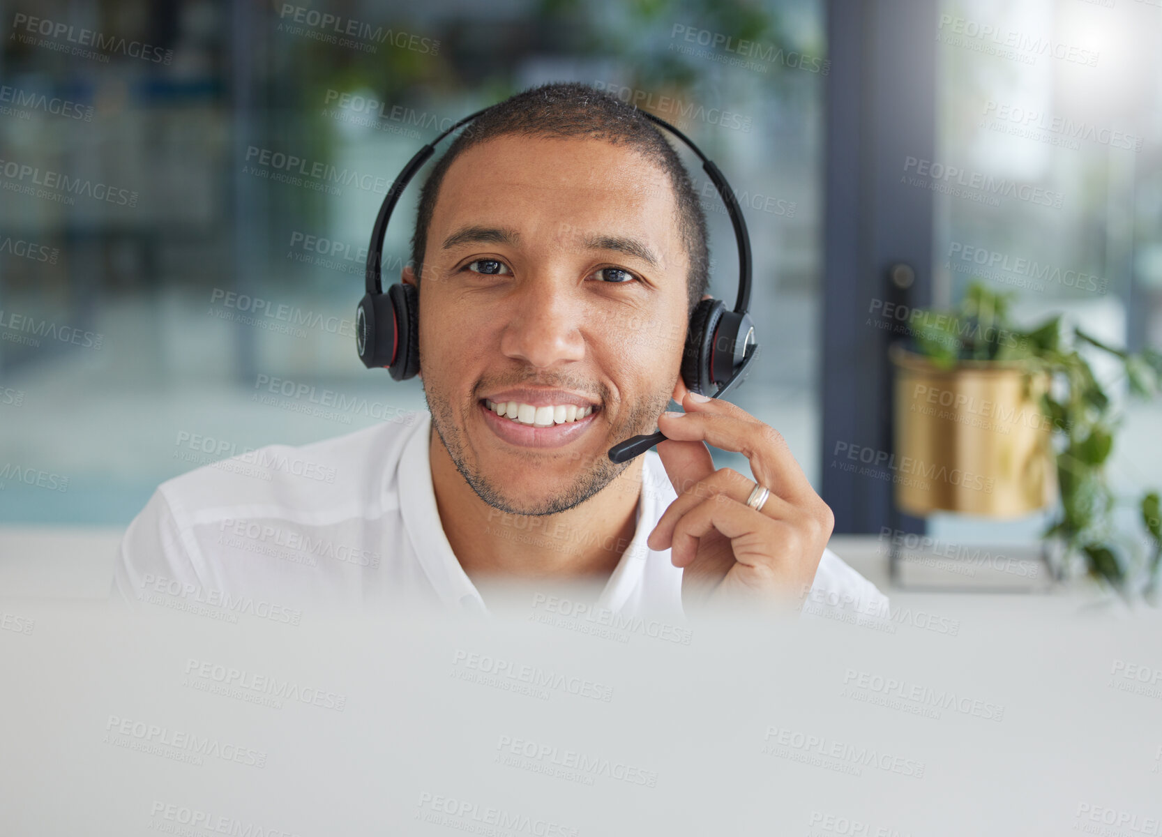 Buy stock photo Smile, talking and portrait of a man in a call center for online support, consulting and advice. Happy, conversation and face of a customer service agent working in telemarketing, sales and helpline