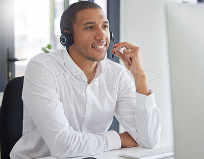 Buy stock photo Call center, computer and consulting with man in office for customer service, contact us and sales. Help desk, operator and advisory with employee for communication, technical support and hotline 