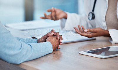 Buy stock photo Doctor, patient and hands in healthcare consultation, diagnosis or medical help on office desk by hospital. Hand of nurse talking, consulting or breaking news to customer for life insurance or advice