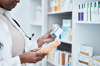Black woman, pharmacy and choice with box, medicine and decision with prescription for healthcare. Pharmacist, drugs and pharmaceutical pills for health, wellness or medical store with stock on shelf