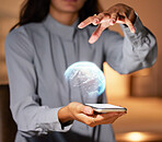 Woman, hands and phone with 3D hologram of globe for global communication, networking or technology at night. Hand of female holding smartphone with holographic earth for futuristic tech innovation