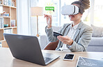 Woman, laptop and VR in ecommerce with credit card for online shopping or banking at office desk. Happy female shopper with headset for futuristic networking, metaverse or virtual reality transaction