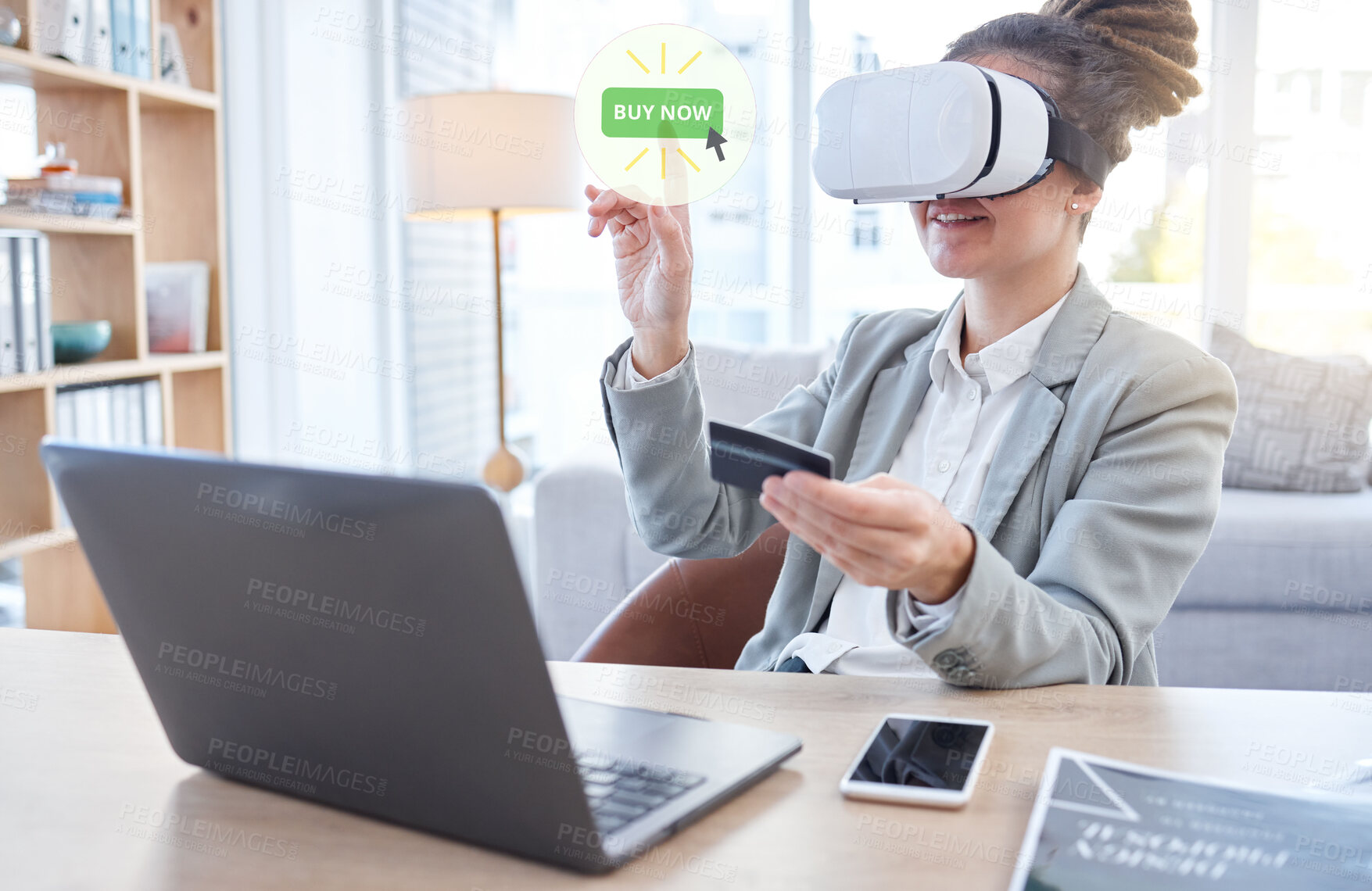 Buy stock photo Woman, laptop and VR in ecommerce with credit card for online shopping or banking at office desk. Happy female shopper with headset for futuristic networking, metaverse or virtual reality transaction