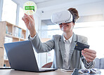 Woman, laptop and online shopping with credit card in virtual reality for ecommerce or banking at office desk. Happy female shopper with headset for futuristic networking, metaverse or VR transaction