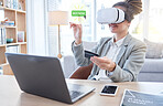 Woman, laptop and ecommerce with credit card in virtual reality for online shopping or banking at office desk. Happy female shopper with headset for futuristic networking, metaverse or VR transaction
