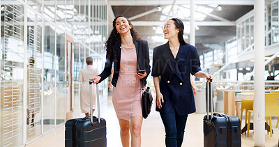 Business woman, phone and walking with luggage in travel for work trip partnership at the workplace. Happy women talking or chatting on a walk to the airport for opportunity or journey with suitcase