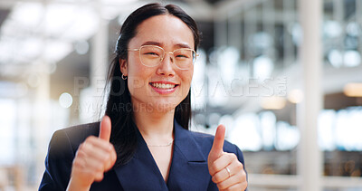 Thumbs up, walking and face of business woman with emoji gesture for congratulations, job well done or winner. Agreement, finished and portrait of happy Asian employee with yes hand sign for success