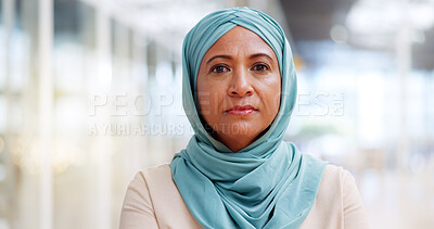 Muslim, business woman and success with face, executive and happy with career, vision with Islamic company. Professional portrait, employee in hijab and leader with corporate motivation and mindset