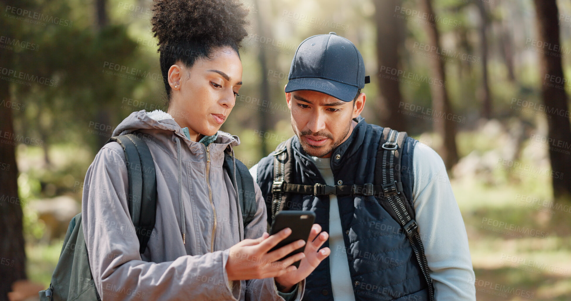 Buy stock photo Phone, hiking and couple in nature with web map,and freedom in mountains of Peru on a holiday. Vacation, thinking and forest with a mobile with backpack travel and camping in woods for adventure