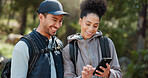 Couple, hiking and selfie, outdoor and travel, black woman and man together out in nature with technology and backpacking in woods. Hiker on adventure, relationship and photo with smartphone.