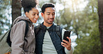 Couple, hiking and selfie, outdoor and travel, black woman and man together out in nature with technology and backpacking in woods. Hiker on adventure, relationship and photo with smartphone.