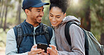 Couple, hiking and selfie, outdoor and travel, black woman and man together out in nature with technology and backpacking in woods. Hiker on adventure, relationship and photo with smartphone.